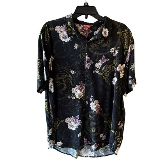 Guess Los Angeles Mens Floral Button Shirt XXL Black With Purple Green Flowers - Picture 1 of 6